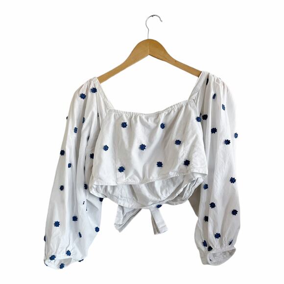 FARM RIO White Floral Embroidered Crop Top Blouse Cotton Puff Sleeve Medium EUC - Picture 4 of 9